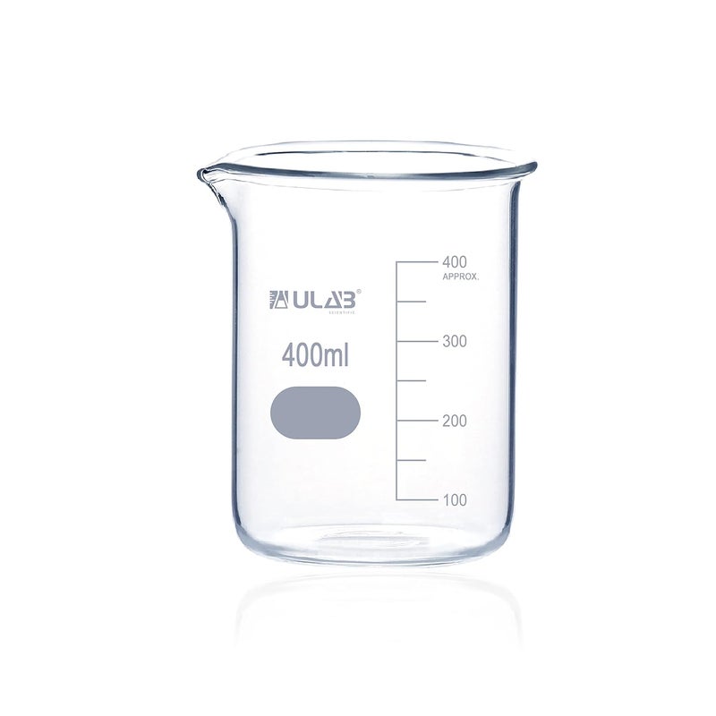 ULAB Scientific Glass Beakers, Vol. 400ml, 3.3 Borosilicate Griffin Low Form with Printed Graduation, Pack of 3, UBG1035 - Image 3
